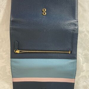 Fossil Dark/light Blue Pink Pebble Leather Flap Clutch Wallet New Without Tags